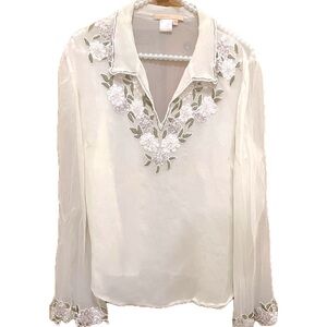 Silk Floral Embroidered Sheer Blouse